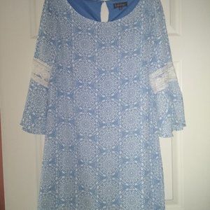 Luxology Dress, white, light blue print design,